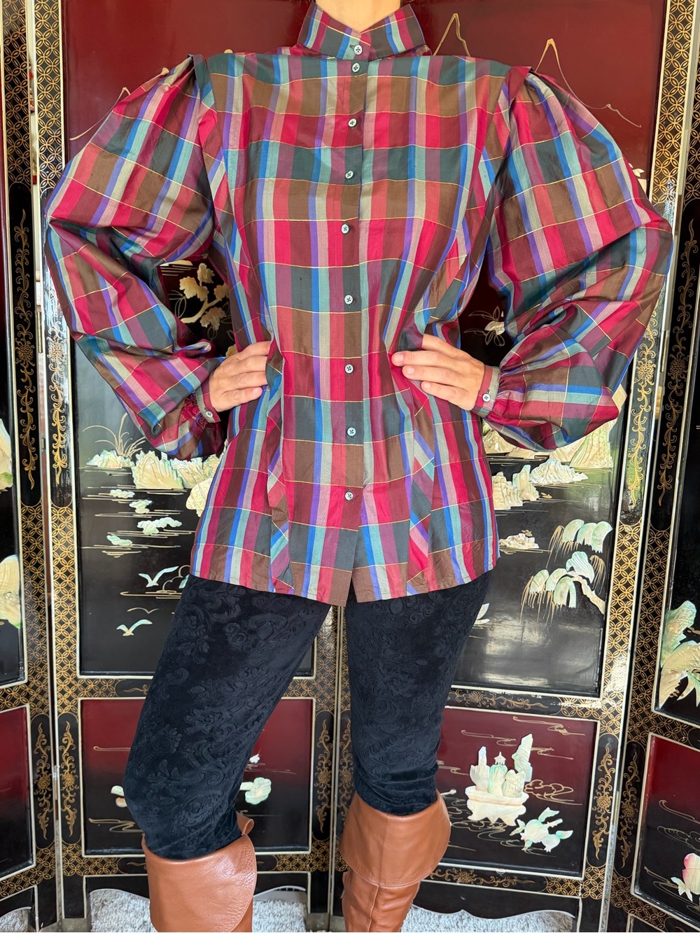 Vintage 80s plaid puff sleeves silk German shirt